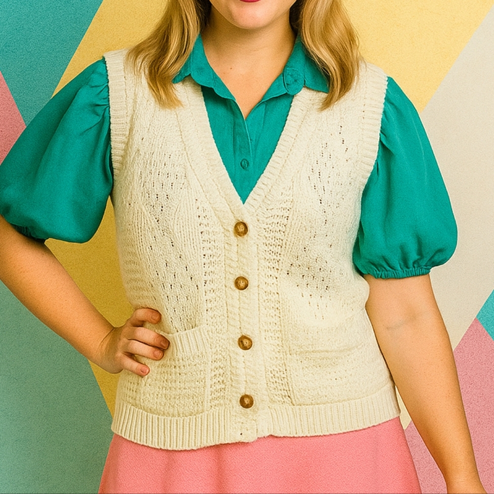 Townhouse Soft White Crochet Knit Sweater Vest XL